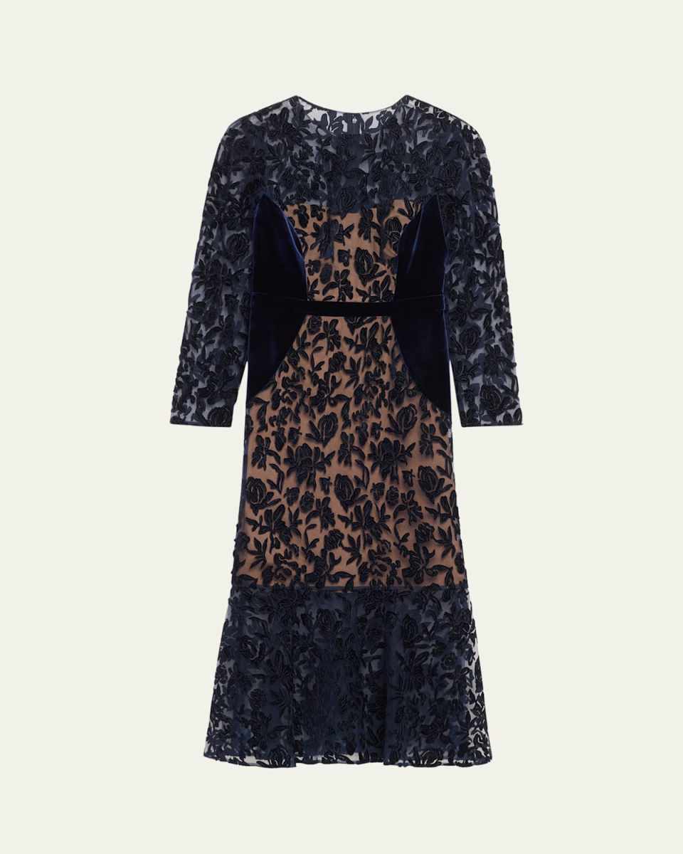 Cutwork Velvet & Tulle Midi Dress